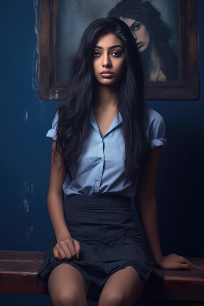 Une femme aux cheveux longs dans une pièce sombre