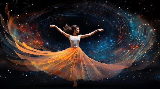Photo une femme aux cheveux longs danse dans un espace étoilé
