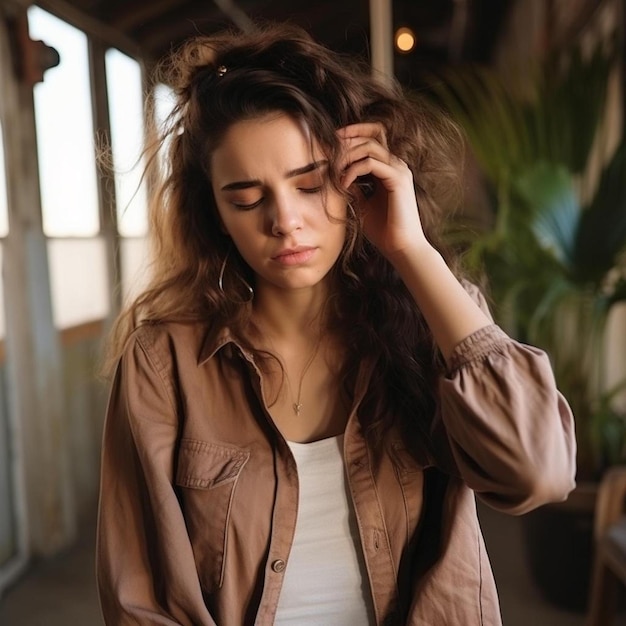 une femme aux cheveux longs debout dans une pièce