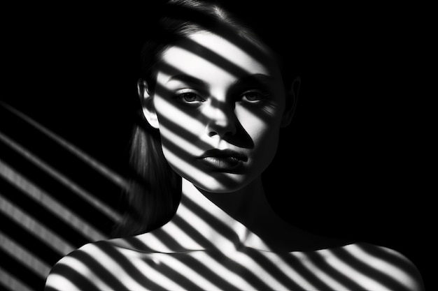 Femme aux cheveux longs debout devant une photo en noir et blanc Generative AI