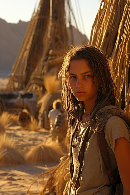 Photo une femme aux cheveux longs debout devant une pile de cordes