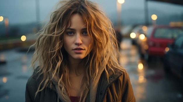 une femme aux cheveux longs debout devant une voiture