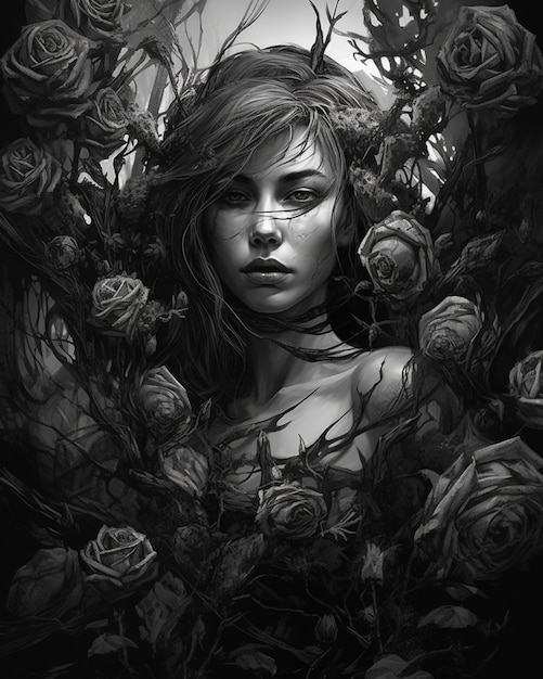 Une femme aux cheveux longs et un dessin de roses en noir et blanc.