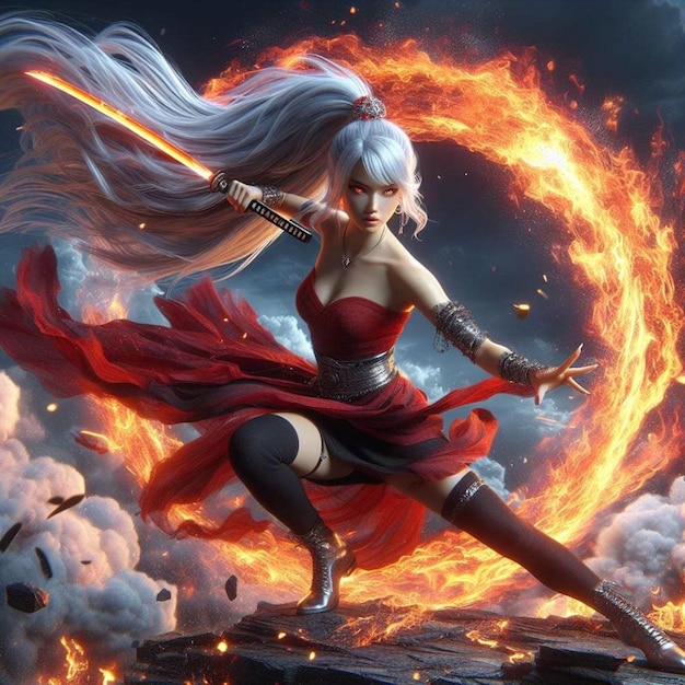 une femme aux cheveux longs et une épée vole devant un feu