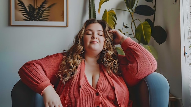 une femme aux cheveux longs est assise dans une chaise avec les yeux fermés