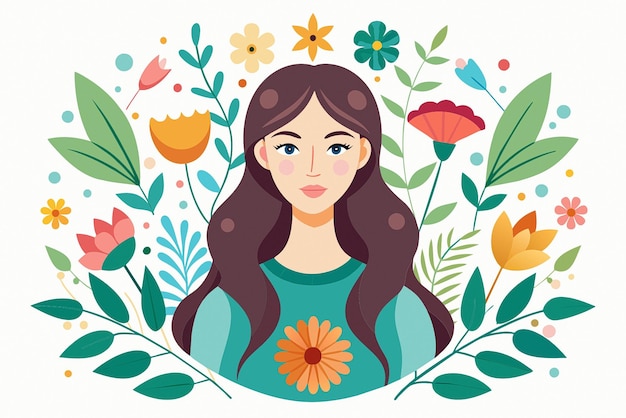 une femme aux cheveux longs est assise dans un motif floral