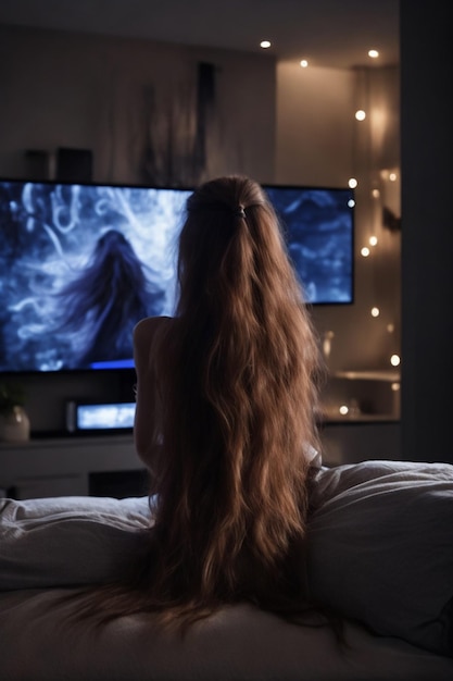 Femme aux cheveux longs face à l'arrière et regarder la télévision