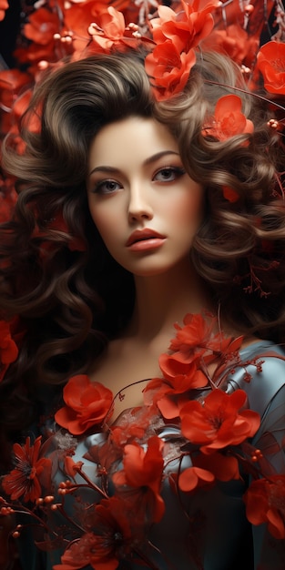 une femme aux cheveux longs et une fleur rouge dans ses cheveux