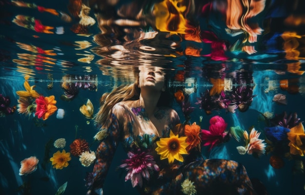 Une femme aux cheveux longs et des fleurs flottant dans l'eau Image AI générative