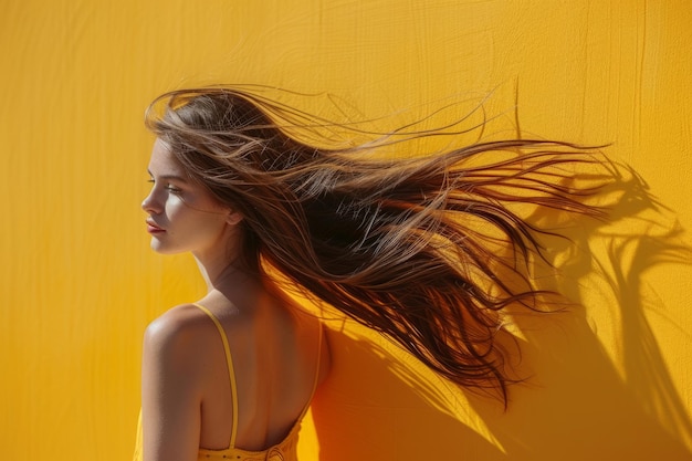 Photo une femme aux cheveux longs sur un fond jaune vif