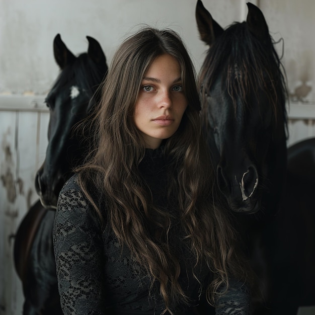 Photo une femme aux cheveux longs et un haut noir se tient à côté de deux chevaux