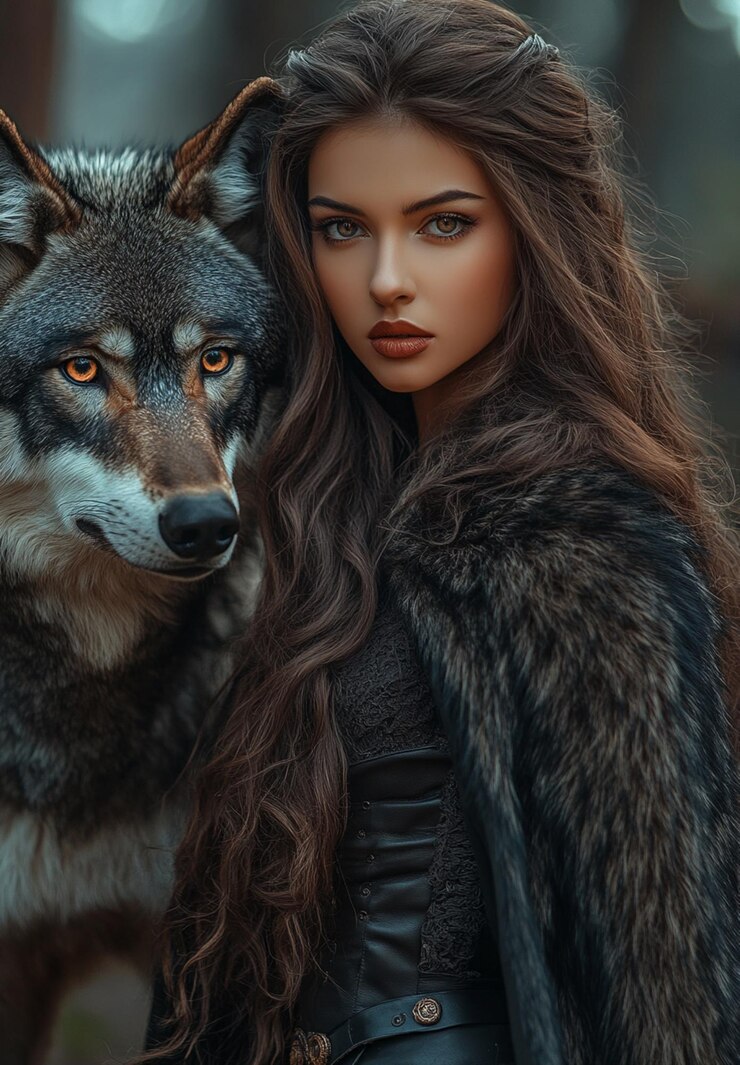 une femme aux cheveux longs et un manteau de fourrure se tient à côté d'un loup