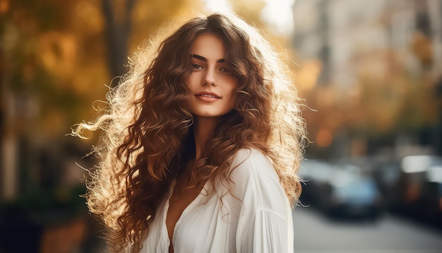 femme aux cheveux longs ondulés de couleur châtain dans la rue journée chaude d'automne