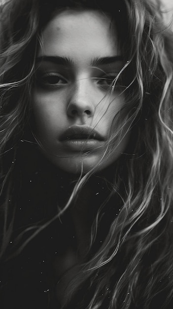 Une femme aux cheveux longs et une photo en noir et blanc.