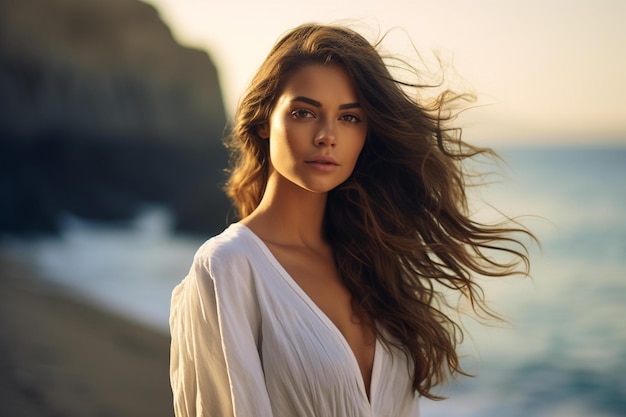 Femme aux cheveux longs sur la plage