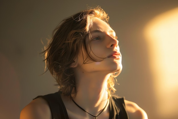 Une femme aux cheveux longs regarde la caméra.