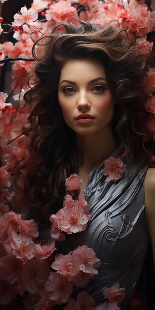 une femme aux cheveux longs et une robe argentée avec des fleurs en arrière-plan