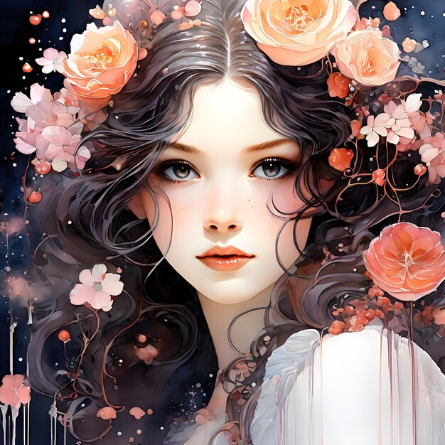 une femme aux cheveux longs et une robe blanche avec des fleurs sur la tête