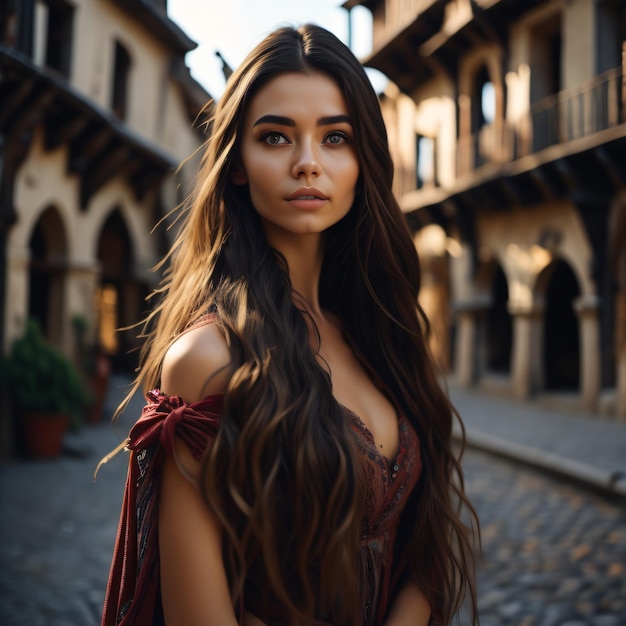 Une femme aux cheveux longs se tient dans une ruelle devant un immeuble.