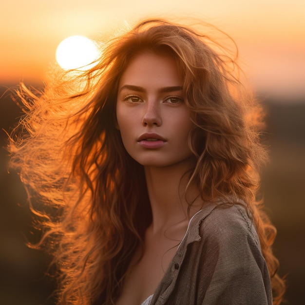 une femme aux cheveux longs se tient devant un coucher de soleil.