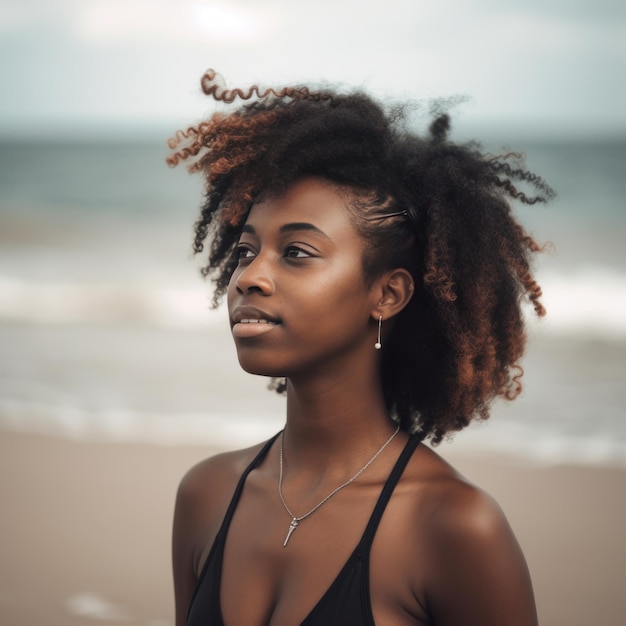 Une femme aux cheveux longs se tient sur une plage.