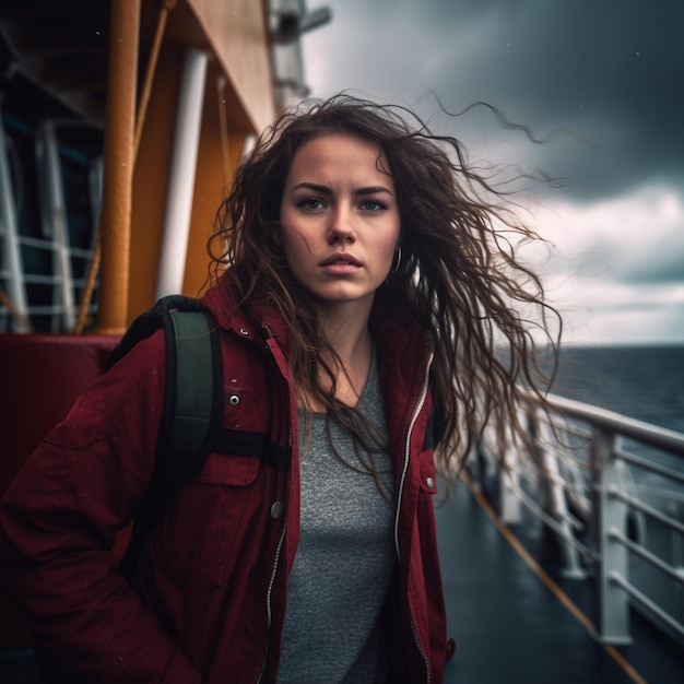 Une femme aux cheveux longs se tient sur le pont d'un navire.