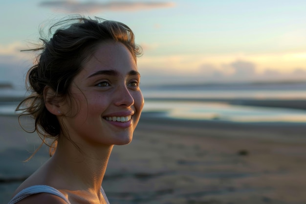 Une femme aux cheveux longs sourit à la caméra sur une plage.