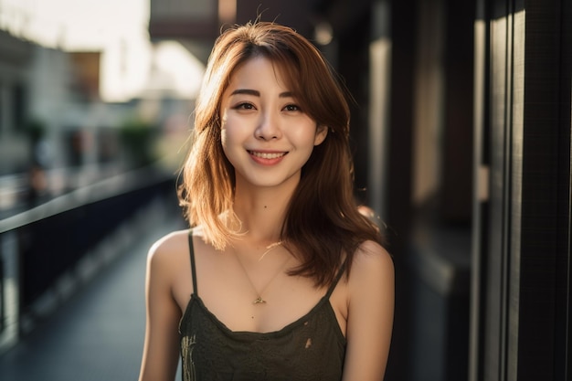 Une femme aux cheveux longs sourit à la caméra.