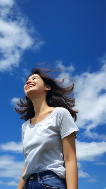 une femme aux cheveux longs sourit et le ciel est bleu