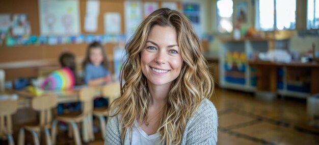 Photo une femme aux cheveux longs sourit devant une salle de classe.