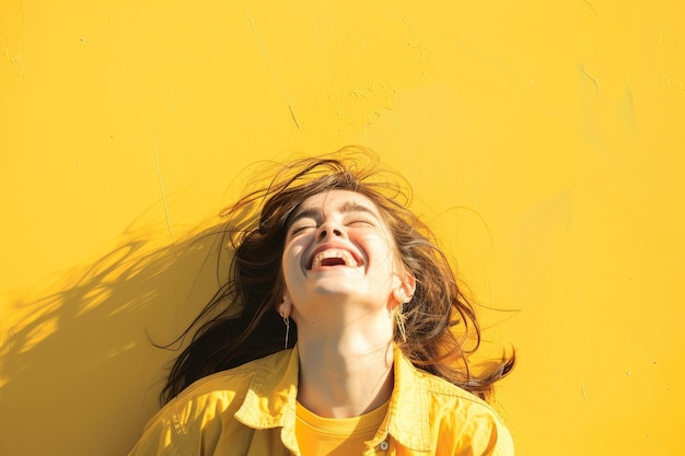 Une femme aux cheveux longs sourit et est allongée sur le dos sur un mur jaune.