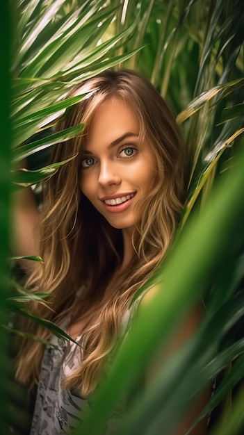 Une femme aux cheveux longs et un tank top blanc se tient dans une jungle.