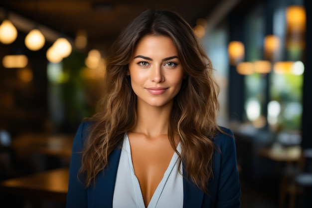 Une femme aux cheveux longs et à la veste bleue sourit IA générative