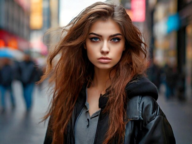 une femme aux cheveux longs et une veste noire se tient dans la rue