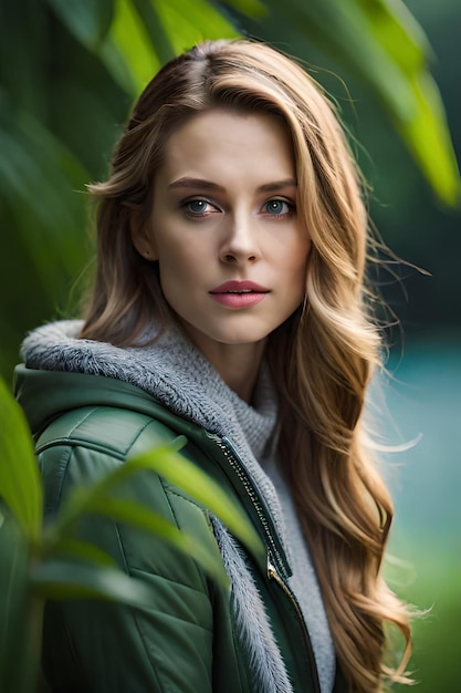 Une femme aux cheveux longs et une veste verte se tient dans les bois.