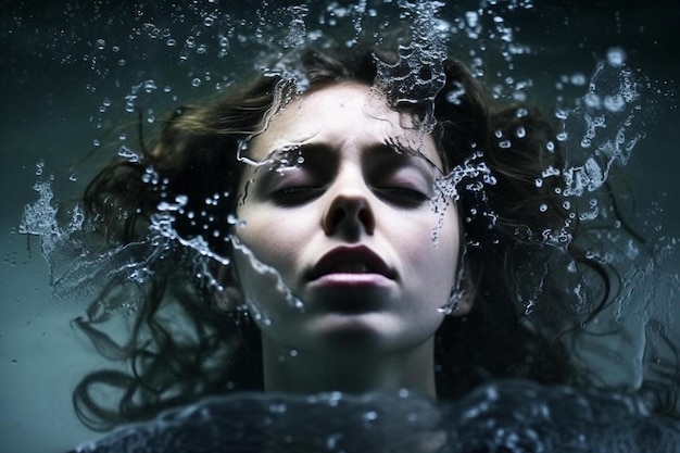une femme aux cheveux longs et les yeux fermés regardant dans une éclaboussure d'eau.