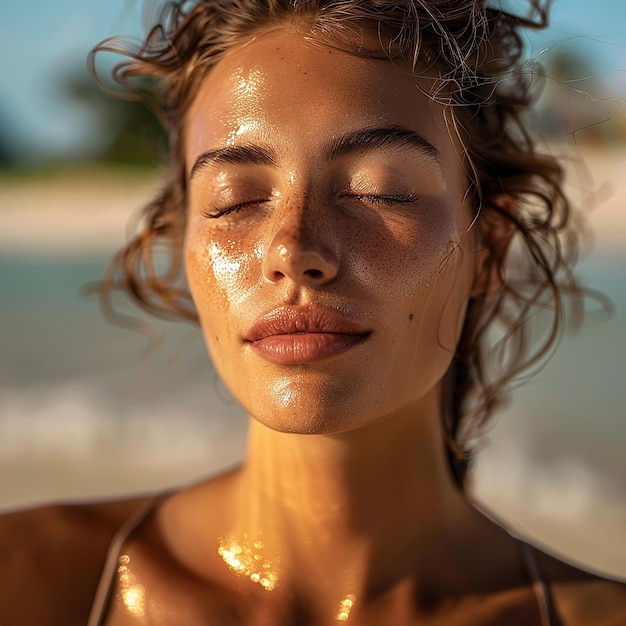 une femme aux cheveux mouillés et aux coups de soleil est couverte d'eau