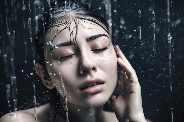 Une femme aux cheveux mouillés regarde par la fenêtre d'une douche