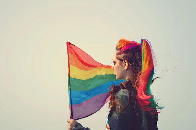 Photo femme aux cheveux multicolores tenant le drapeau de l'arc-en-ciel à la bannière du défilé de la fierté