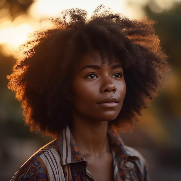 Une femme aux cheveux naturels regarde la caméra.