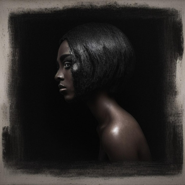 une femme aux cheveux noirs et un fond noir avec une silhouette noire