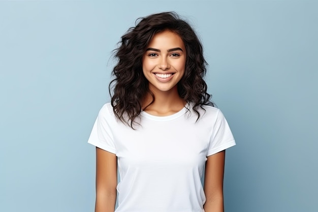 une femme aux cheveux noirs portant une chemise blanche