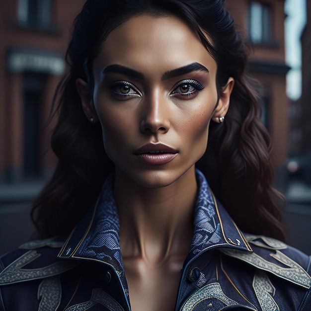 Une femme aux cheveux noirs et une veste bleue avec un collier en or.