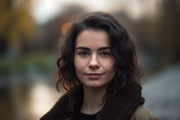 Une femme aux cheveux noirs et une veste marron se tient devant un arrière-plan flou.