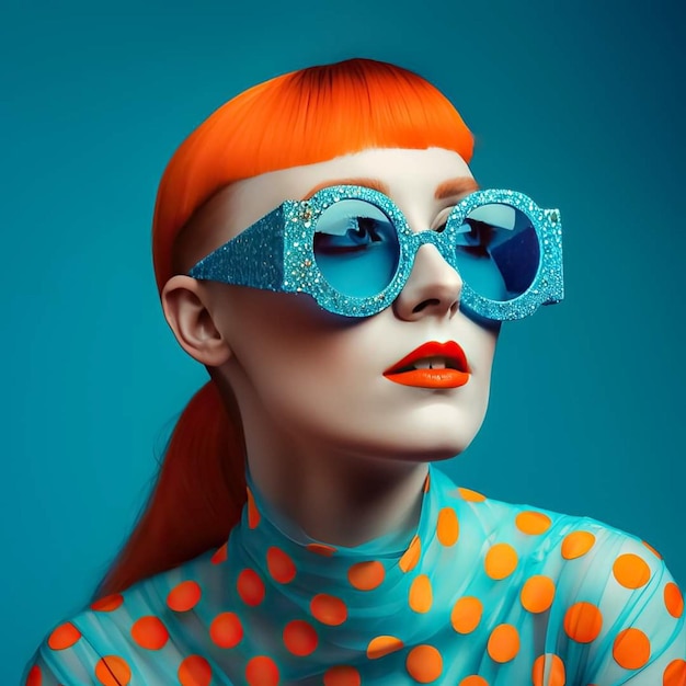 Une femme aux cheveux orange et aux lunettes bleues qui disent "le mot" dessus.