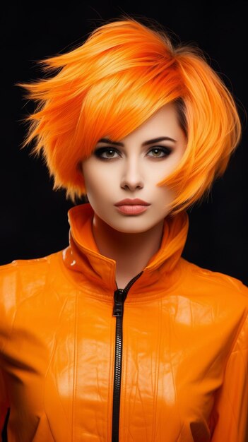 Femme aux cheveux orange dans une veste en cuir