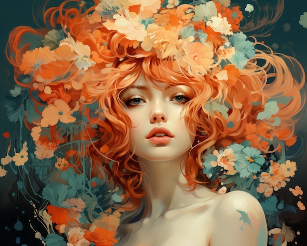 une femme aux cheveux orange avec des fleurs dans les cheveux