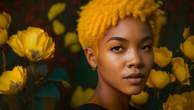 Une femme aux cheveux orange se tient devant un fond de fleurs jaunes.