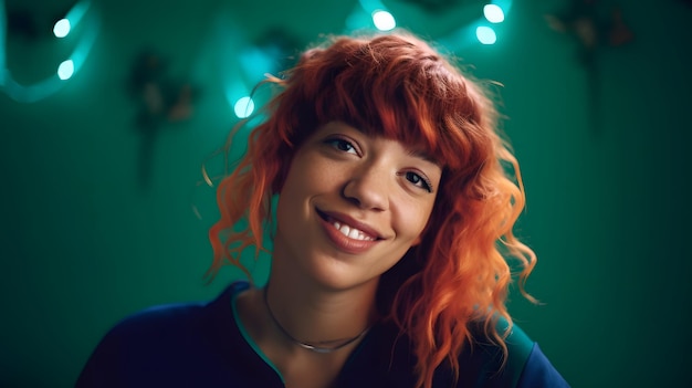 Une femme aux cheveux orange sourit à la caméra.