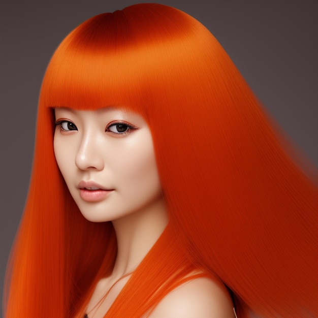 Une femme aux cheveux orange vif et une robe rouge